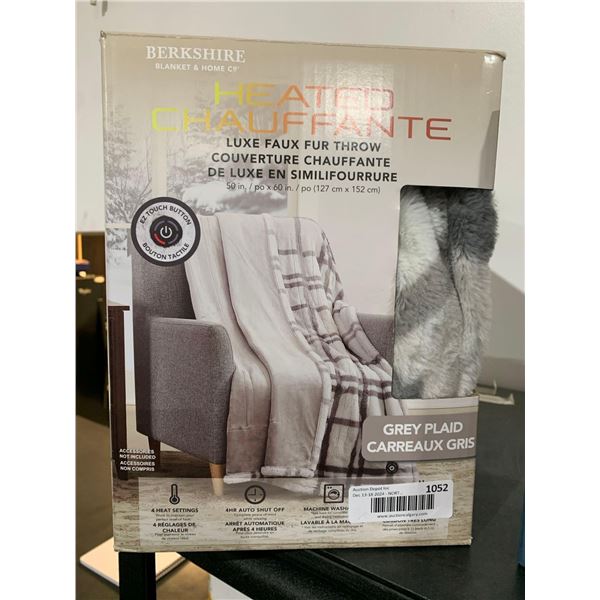 Berkshire Luxe Faux Heated Throw Blanket-Grey Plaid- 4 Heat Settings, 4hr Auto Shut Off, Machine Was