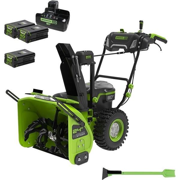 Greenworks 80V 24'' Two Stage Snow Thrower, Three 4.0 Ah Batteries and Dual Port Charger Included