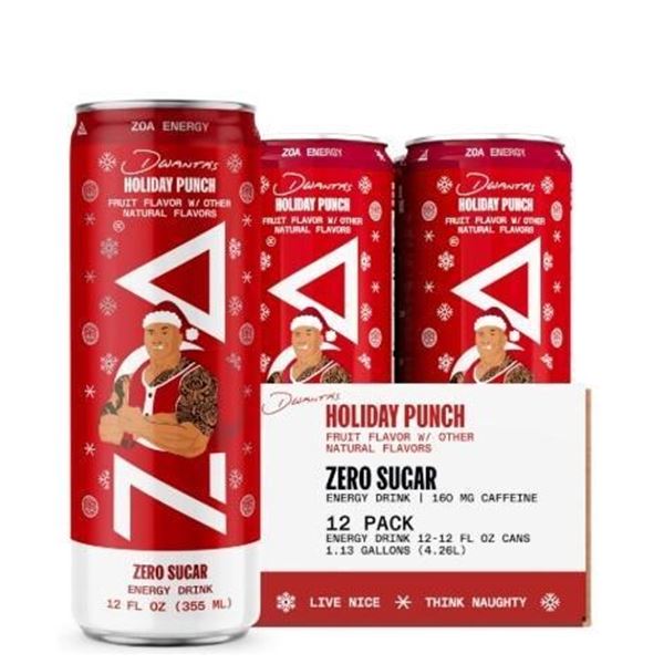 ZOA Zero Sugar Energy Drinks, Dwanta's Holiday Punch - Sugar Free with Electrolytes, Healthy Vitamin