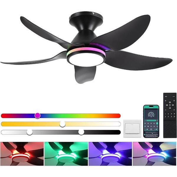 Kviflon Ceiling Fan with RGB Lights & Bluetooth Speaker &  Lights Remote/APP Control, 38" Low Profil