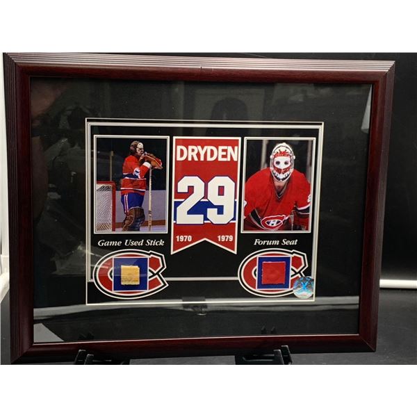 KEN DRYDEN #29- COLLECTOR FRAMED PICTURE WITH MONTREAL FORUM SEAT PIECE & GAME USED STICK PIECE, : i