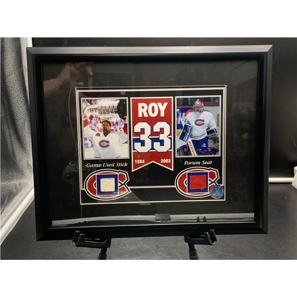 PATRICK ROY #33-COLLECTOR FRAMED PICTURE WITH MONTREAL FORUM SEAT AND STICK PIECES, : issued by: GRE