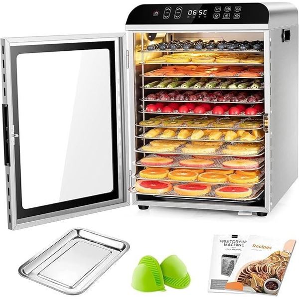 Kwasyo Food Dehydrator 12 Trays, 4 Presets for Fruits, Veggies, Meats, Flowers, 90°C Temperature Con