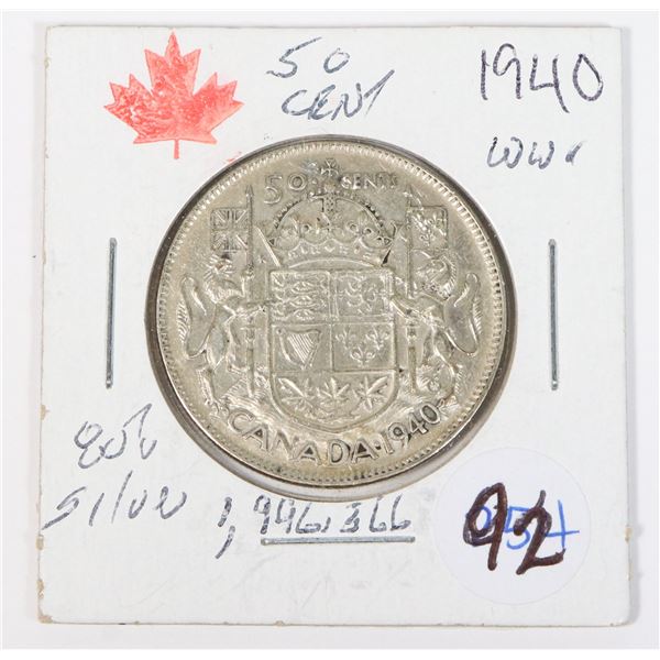 1940 CANADA 50 CENT W.W.II 80% SILVER