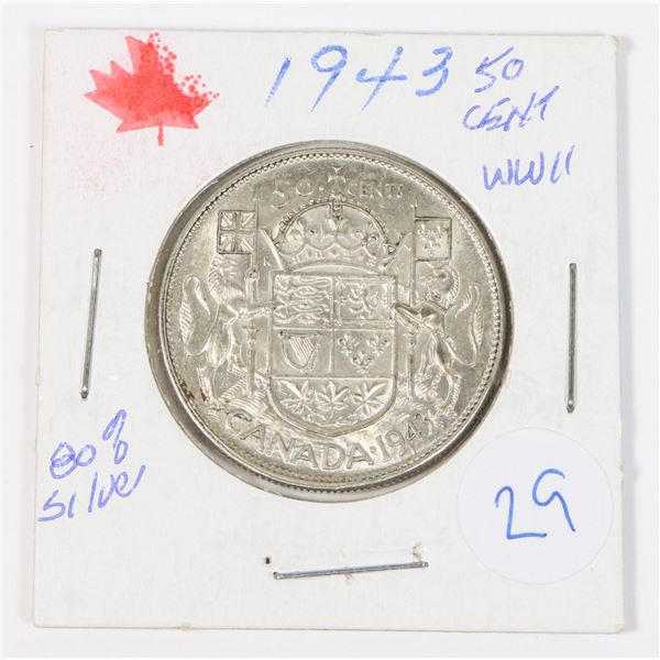 1943 CANADA 50 CENT W,W,II 80% SILVER,