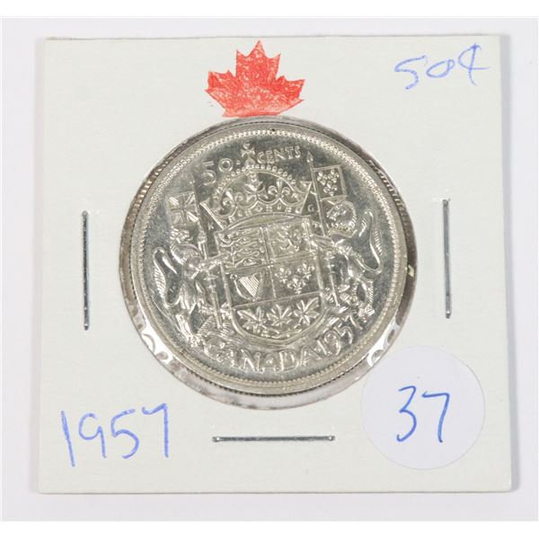 1957 50 CENT 80% SILVER, RARER DATE, LOW MINTAGE