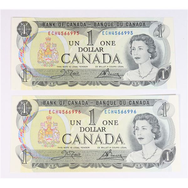 TWO 1973 $1.00 BILLS PREFIX ECH SEQUENTIAL