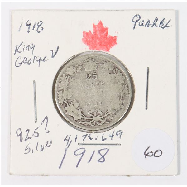 1918 QUARTER KING GEORGE V 92.5 % SILVER W.W.I