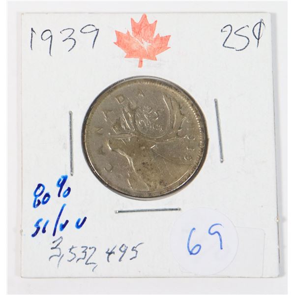 1939 CANADA QUARTER 80 % SILVER