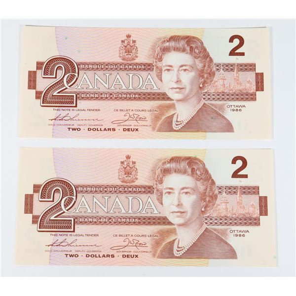 1986 $2 BILL X 2 SEQ EGK1079218 T/C FROM 100 PACK