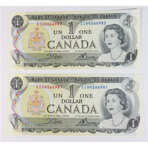 TWO 1973 $1.00 BILLS PREFIX ECH SEQUENTIAL