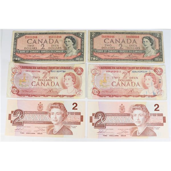 1954, 1974, 1986 SIX PACKAGE OF Q.E. II TWO DOLLAR