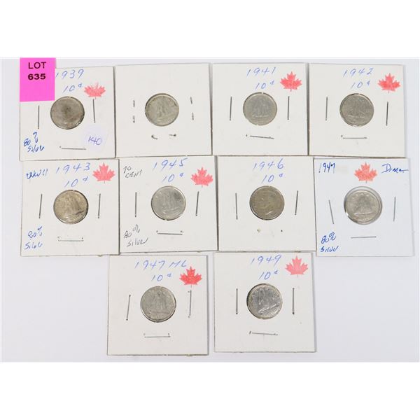 10 CANADIAN DIMES 1939,40,41,42,43,45,46,47,47,49