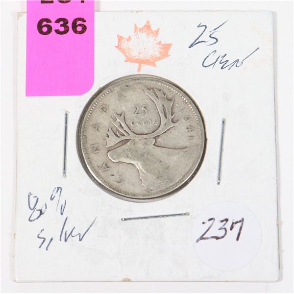1941 W.W. II 25 CENT 80% SILVER