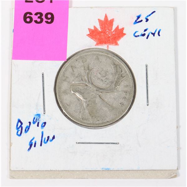 1944 CANADA 25 CENT 80 % SILVER