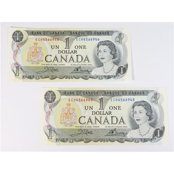 TWO 1973 GEM UNC SEQUENTIAL BILLS ECH