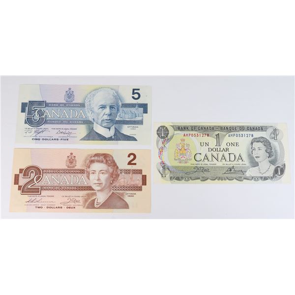 3 PACK 1973 $1.00, 1986 $2.00 & 1986 $5.00