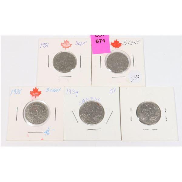 FIVE KING GEORGE V NICKLES 1929,31,33,34,35