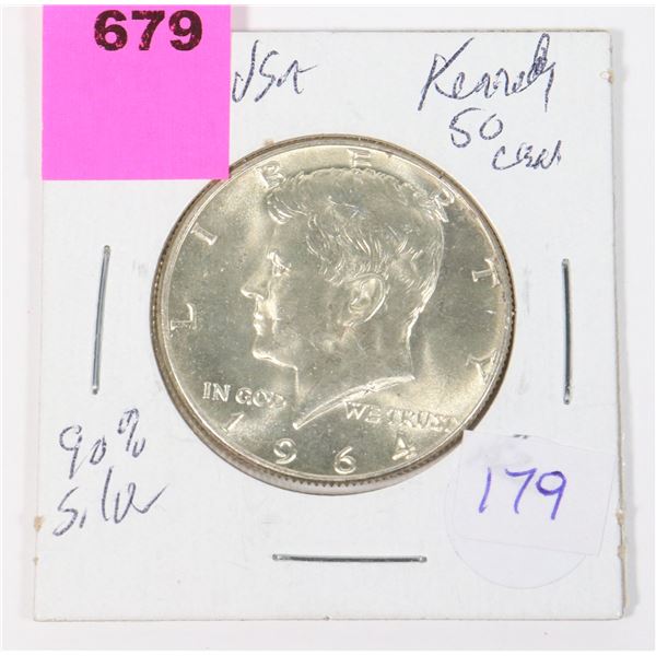 1964 D KENNEDY USA 50 CENT PIECE 90 % SILVER