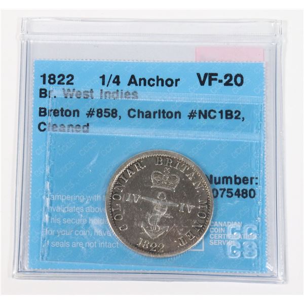 1822 GRADED BR. WEST INDIES 1/4 ANCHOR VF-20