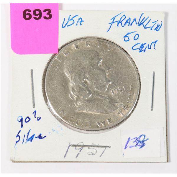 1951 BEN FRANKLIN USA 50 CENT 90% SILVER