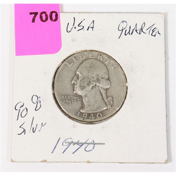 1940 USA WASHINGTON QUARTER 90% SILVER