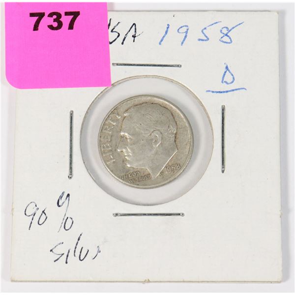 1958 D USA ROOSEVELT DIME 90% SILVER