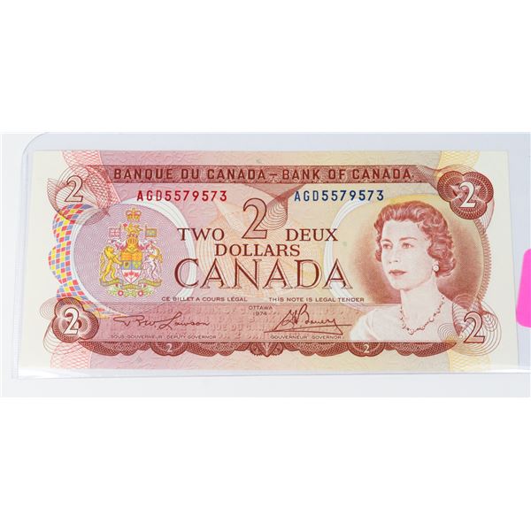 1974 CANADA UNC 2 DOLLAR BANK NOTE AGD