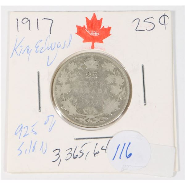 1917 CANADA KING EDWARD V .925 SILVER QUARTER