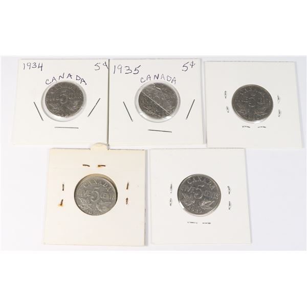 5 CANADA 5 CENT COINS KING GEORGE V 1929.31,33,34
