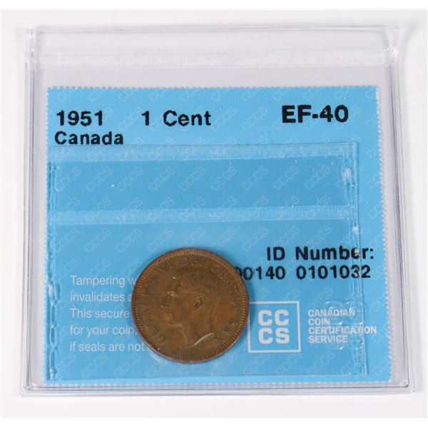 GRADED 1951 CANADA 1 CENT COIN EF-40 CCCS
