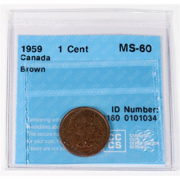 GRADED 1959 CANADA 1 CENT COIN MS-60 BROWN