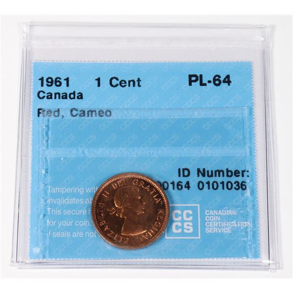 GRADED 1961 CANADA 1 CENT COIN PL-64 RED, CAMEO