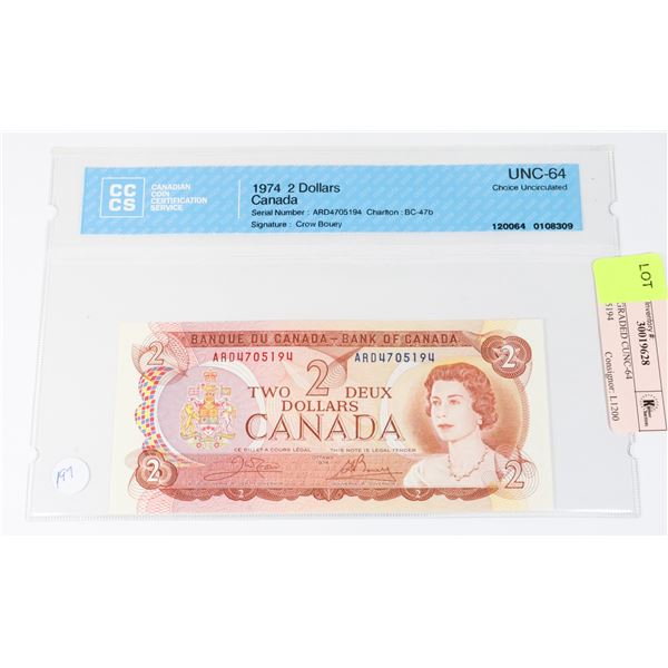 1974 $2 GRADED CUNC-64 ARD4705194