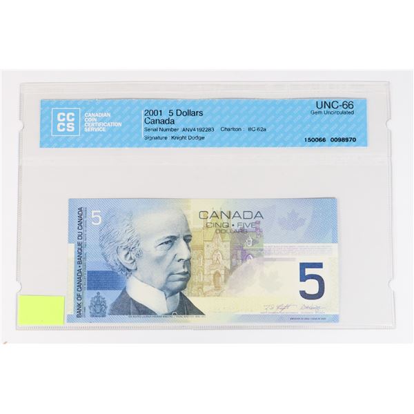 2001 CANADIAN 5 DOLLAR BANK NOTE GRADED UNC-66 BY