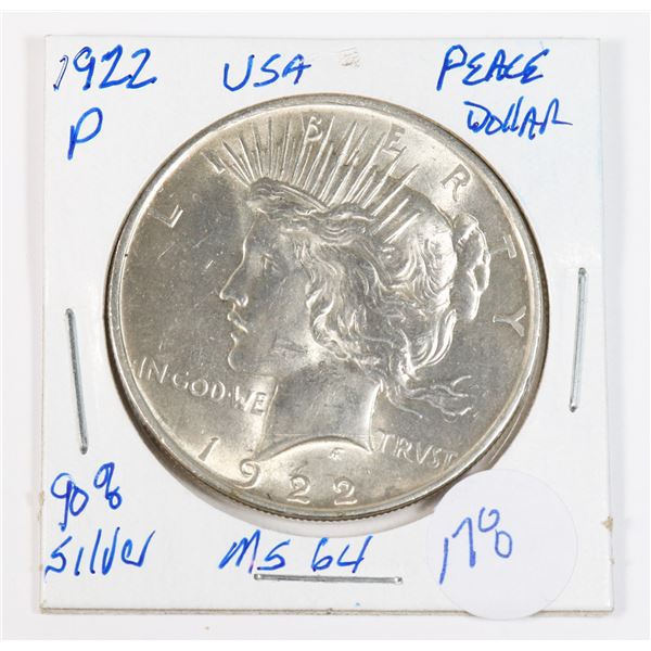 1922 P USA SILVER PEACE DOLLAR 90% SILVER MS64