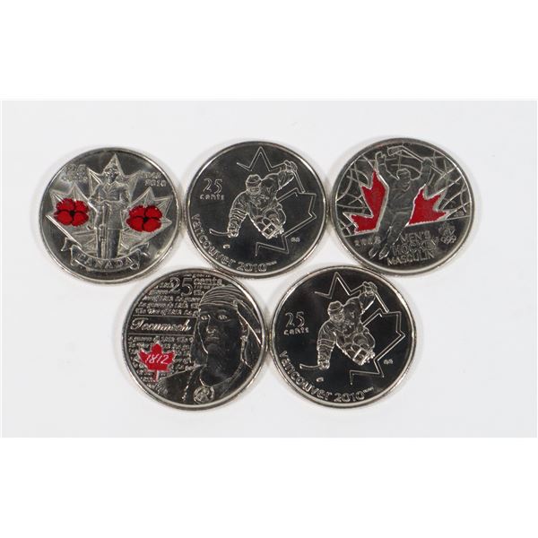 SET OF 5 CANADIAN QUARTERS. MIXED COLORS &
