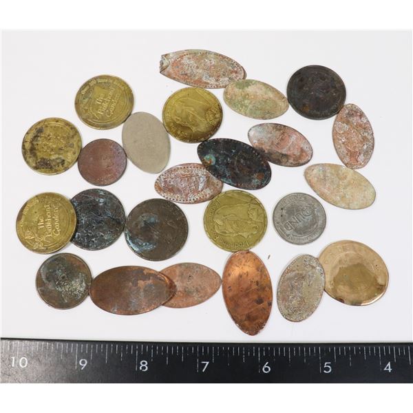 LOT OF OLD TOKENS AND ROLLED PENNY TOKENS ETC.