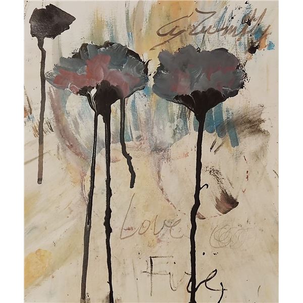 CW Twombly mixed media 'Flowers' signed drawing.