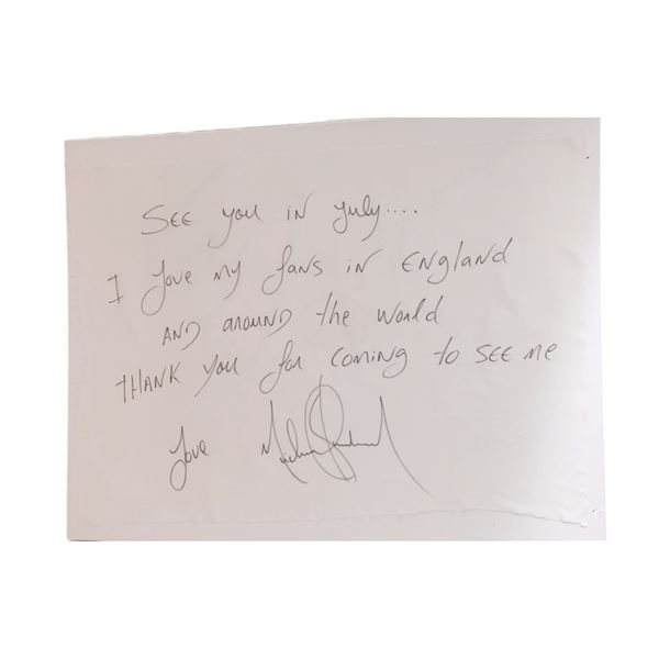 Michael Jackson signed and inscribed bed sheet from 2009.  SIZE TO BE CONFIRMED.