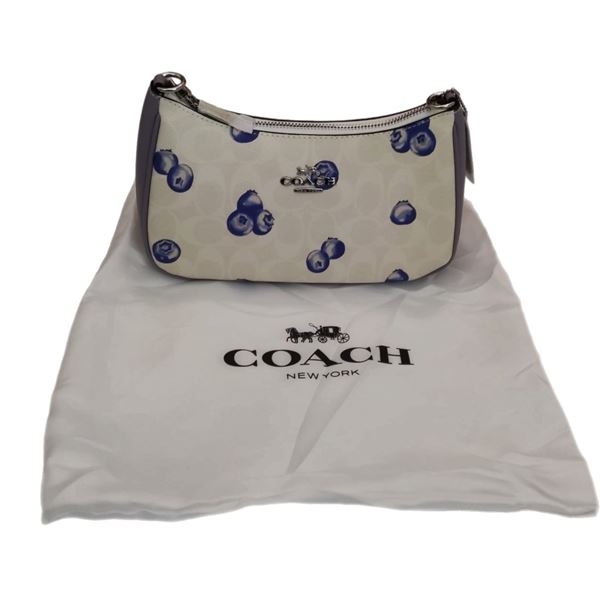 New Coach Teri shoulder white bag with blueberry print. Vegan leather with fabric lining.