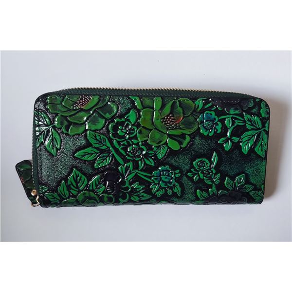 Brand new large green floral purse.