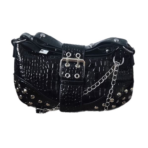 Brand new small black patent leather croc effect shoulder back with chain detail.