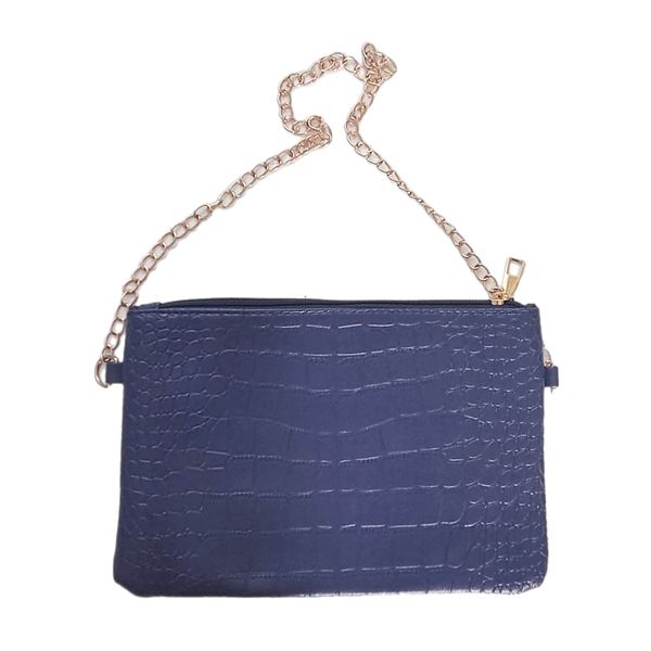 Brand new small indigo croc effect PU leather zip up bag with gold coloured chain shoulder strap.