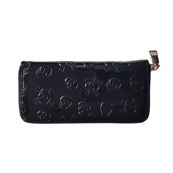 Brand new Black large patent leather  skull zip around purse.