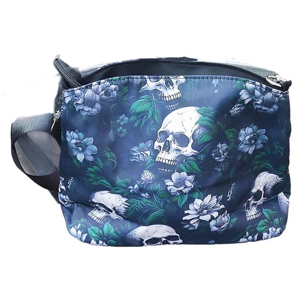 Brand new green gothic floral medium shoulder bag with skull detail and large silver zip across the