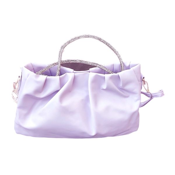 Brand new small rouched pale lilac PU leather shoulder bag with diamante bling handles.