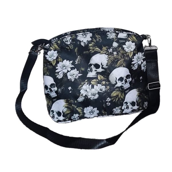 Brand new green floral and skull patterned textile medium shoulder bag.