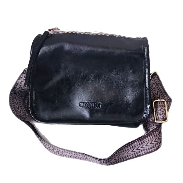 Brand new small gloss black PU leather shoulder bag with textile strap.