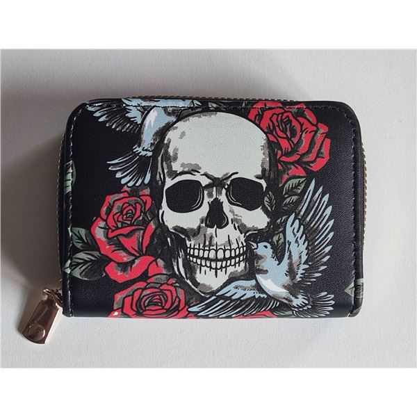 Brand new small black purse with skull, roses and bluebird design to front